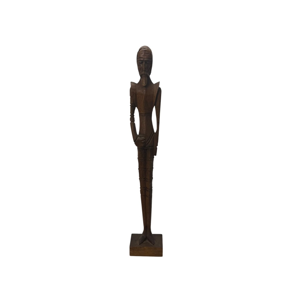 Vintage Hand Carved Wooden Don Quixote Statue Mid Century Folk Art Sculpture 15"